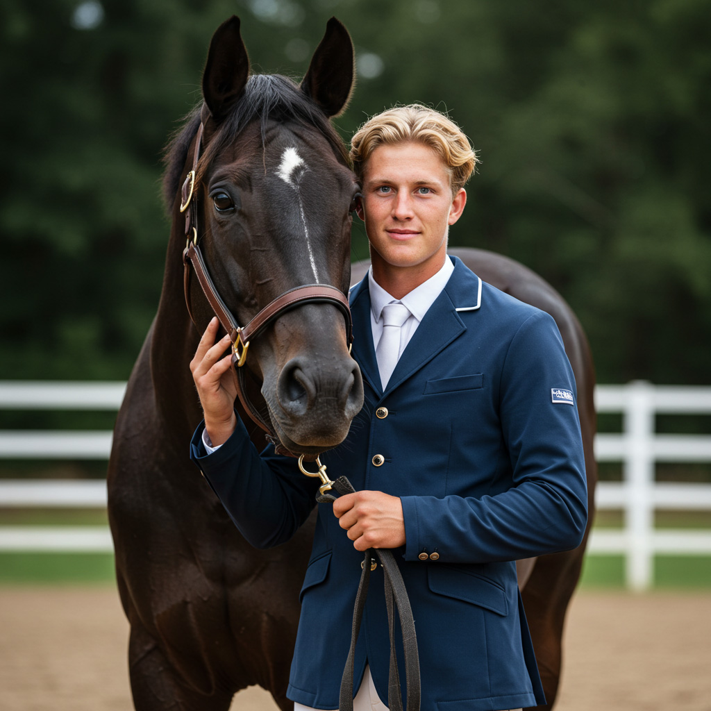 Young man with black Warmblood horse.